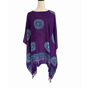 Bridge To Bali Poncho Kimono Womens 1X-2X Beach Cover Up Purple Batik Fringe